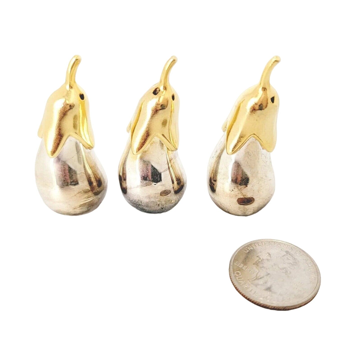 🍆 Eggplant Salt & Pepper Shakers 2" Silver and Gold Tone Set of 3 Joie De Vivre