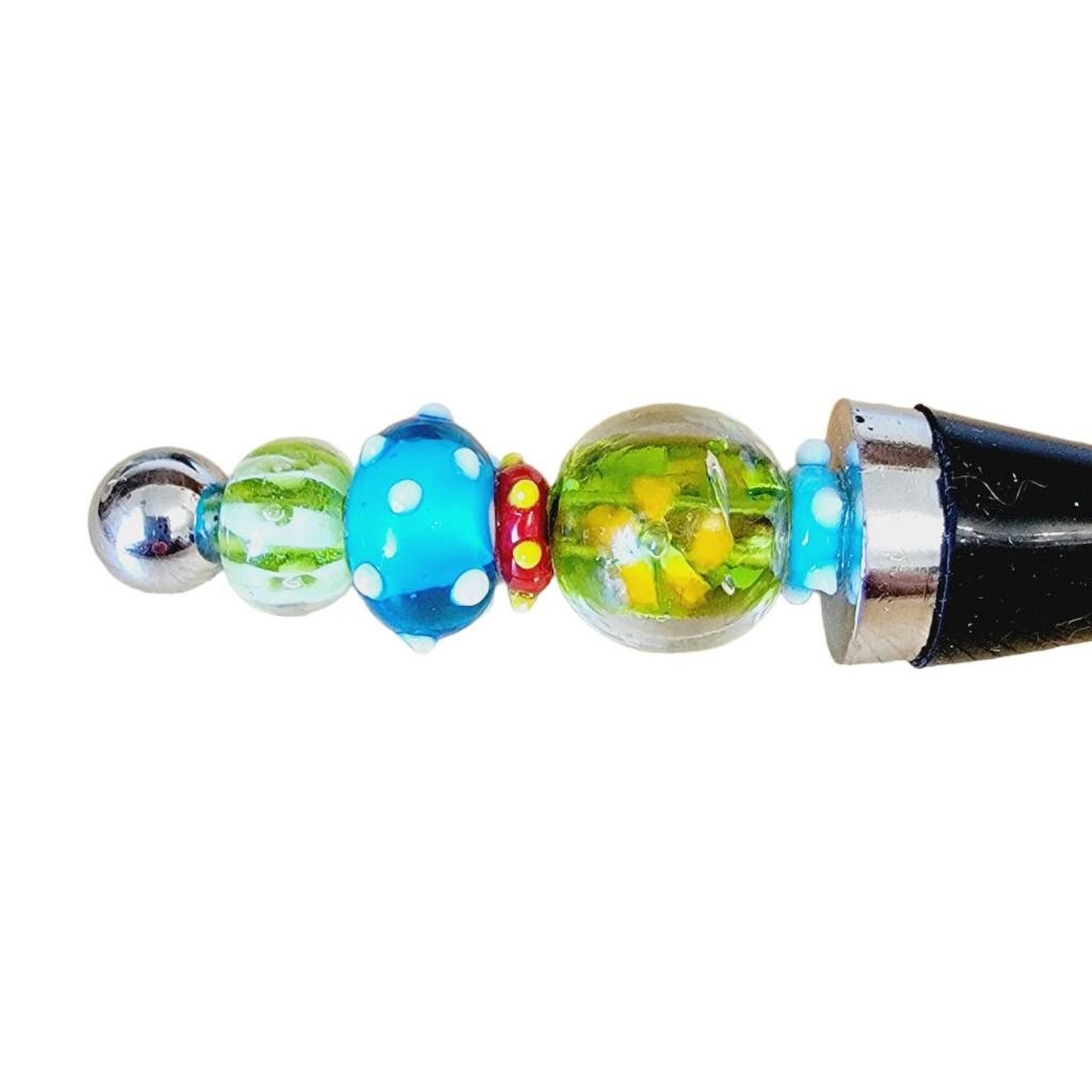 Bottle Stopper Blue Green Red Art Glass Bead Style Chrome Rubber BoHo Wine 5"