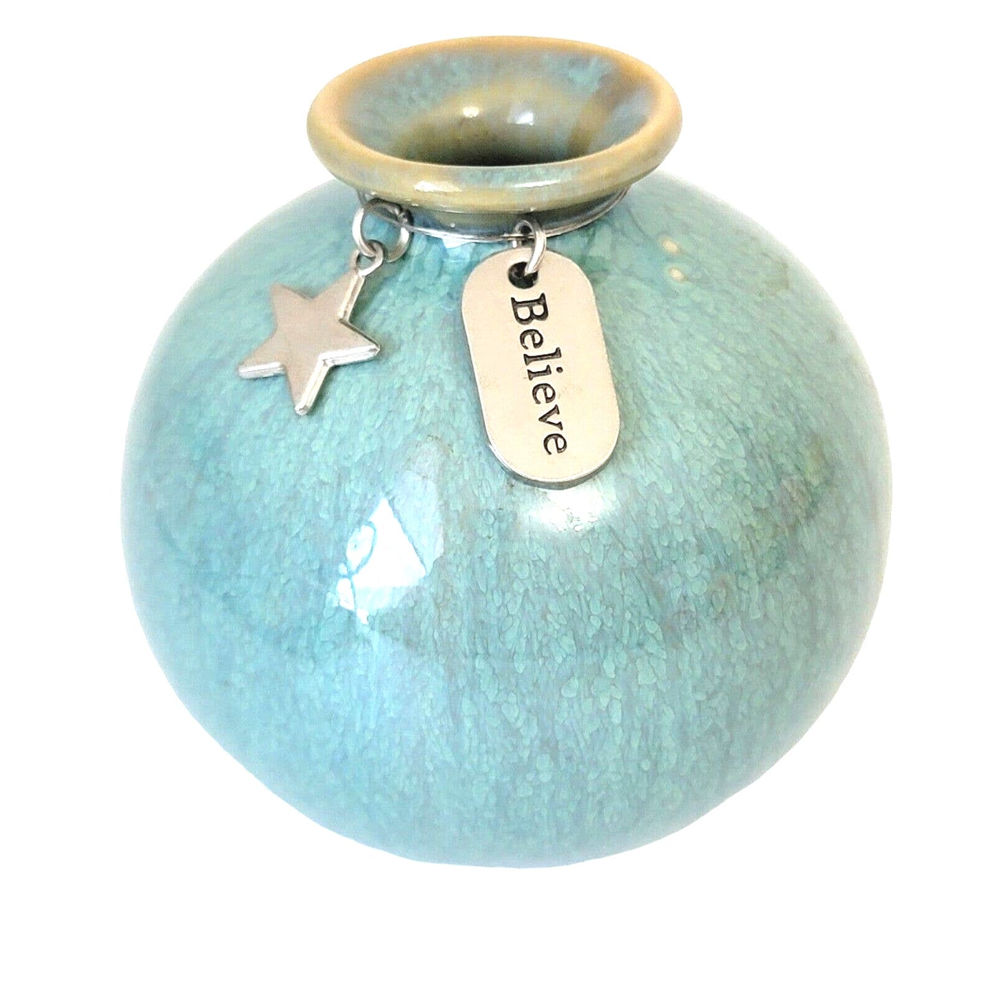 Blue Bud Vase Glossy Glaze Believe Charm 3" Tiny Vase, Gift for Girl, Coastal