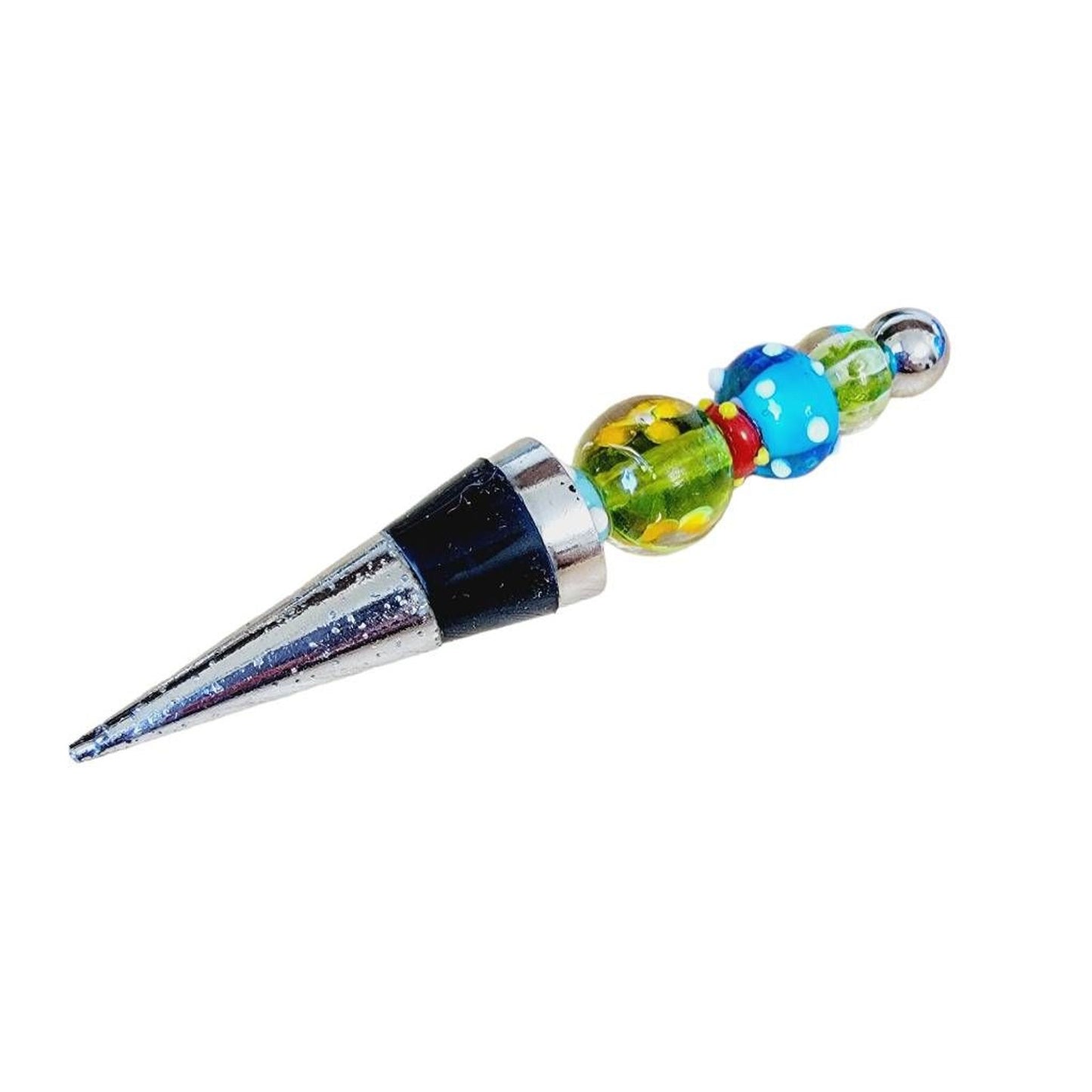 Bottle Stopper Blue Green Red Art Glass Bead Style Chrome Rubber BoHo Wine 5"