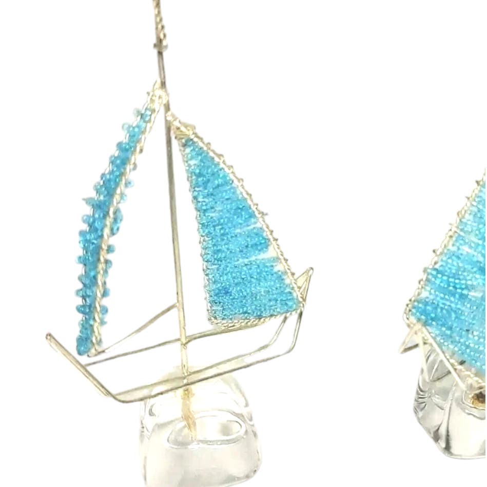 Sailboat Figurines Bead Work Sail Boat Sculptures, Coastal Decor Bead & Wire Art