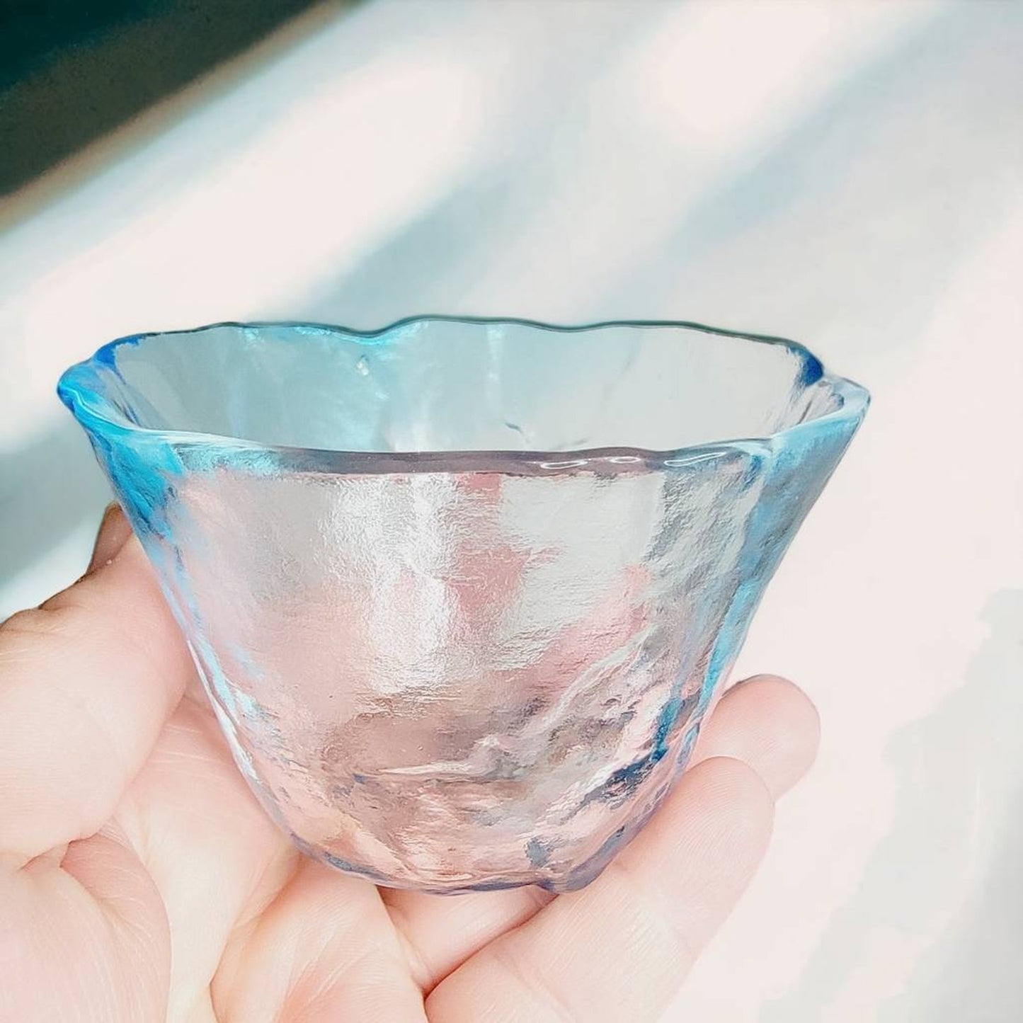Blue Art Glass Bowl Candy Dish Scalloped Edge Ruffled Decorative Footed