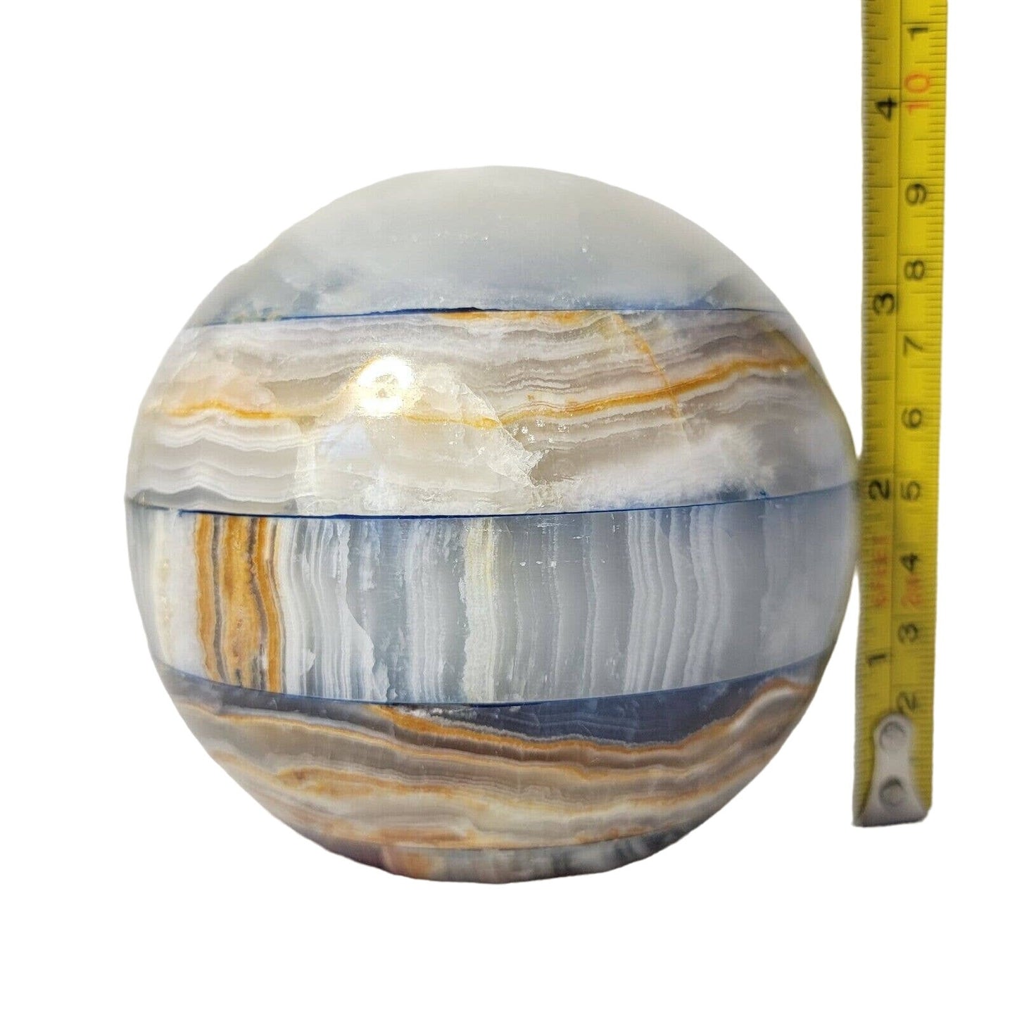 Stone Paperweight, Large Onyx Sphere, Banded Patchwork, Earth Tones, 4"