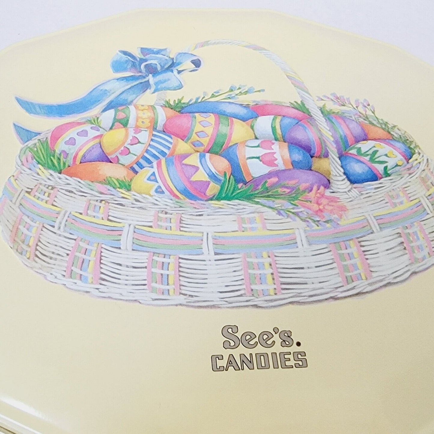 Vintage See's Candies Easter Tin 2004 Octagon Yellow Basket Eggs Gift Box