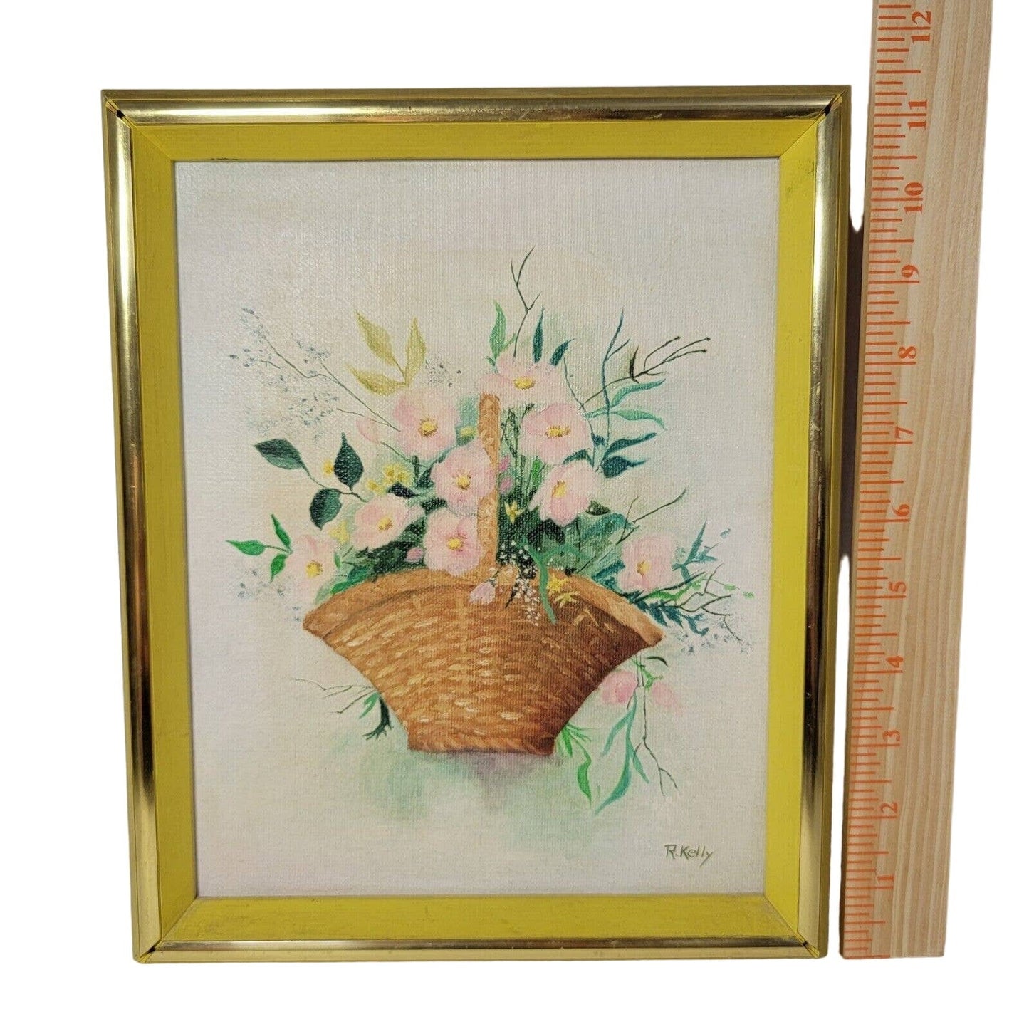 Vtg Signed R. Kelly Floral Oil Painting MCM Framed Canvas Art 11.5x9.5 AS IS