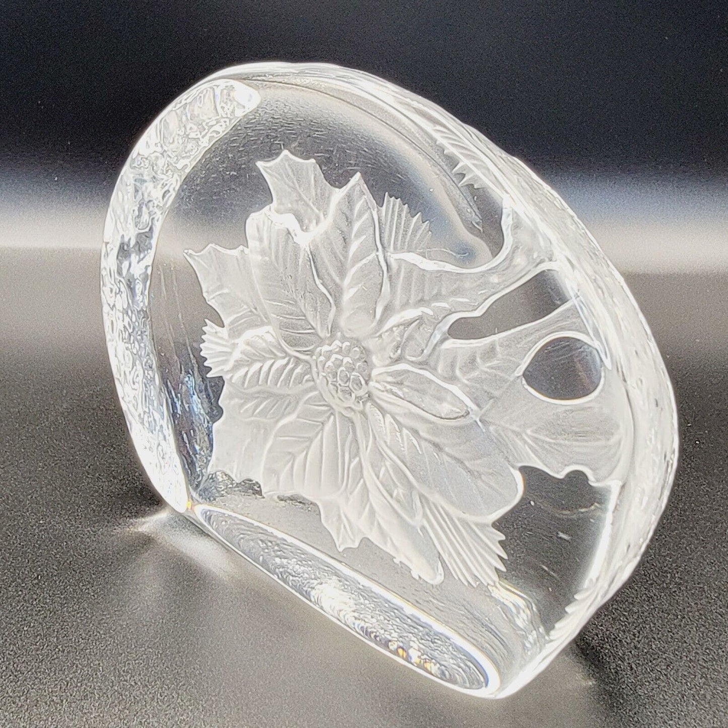 Vintage Christmas Holly Clear Glass Paperweight Frosted