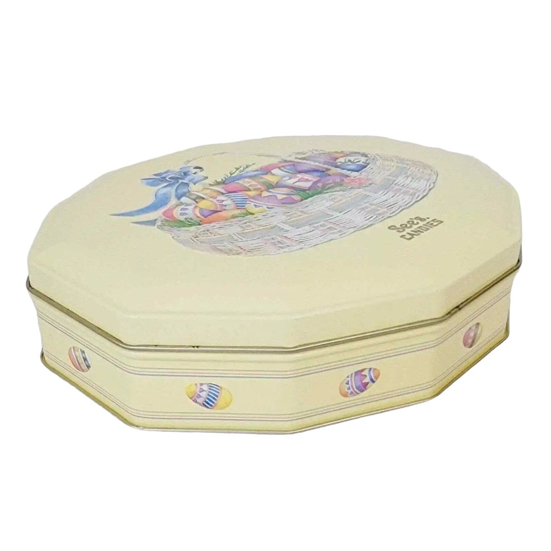 Vintage See's Candies Easter Tin 2004 Octagon Yellow Basket Eggs Gift Box