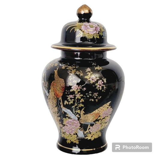 OMC Japan Ginger Jar Peacocks and Peonies Floral Gold Trim Tiny Birds on Lid 6”