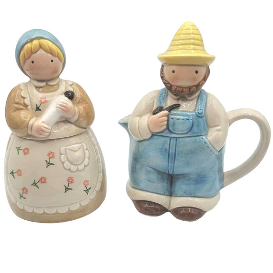 AS IS Vintage Otagiri Sugar & Creamer Farmer Country Man Cream, Sugar / Jam Jar Japan