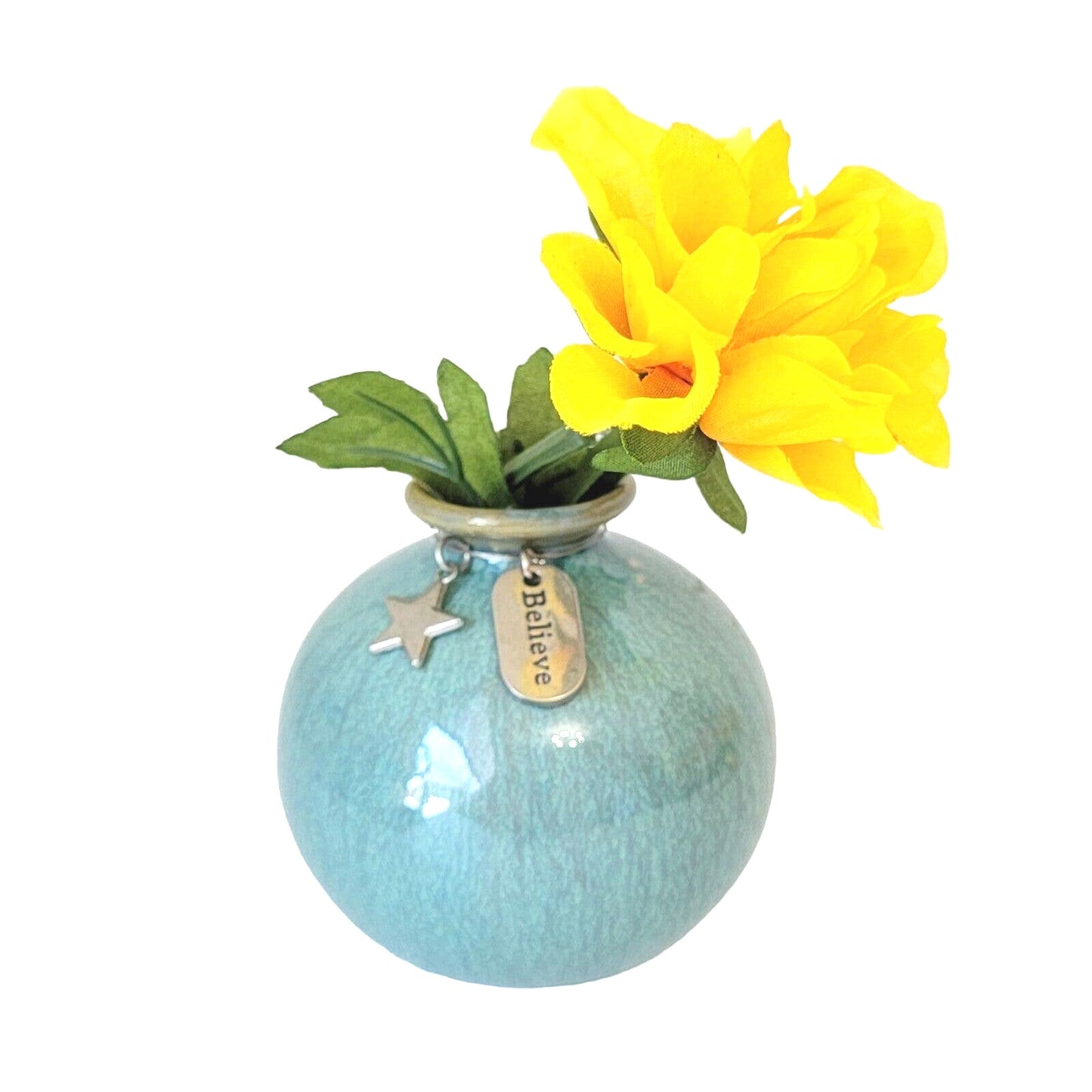 Blue Bud Vase Glossy Glaze Believe Charm 3" Tiny Vase, Gift for Girl, Coastal