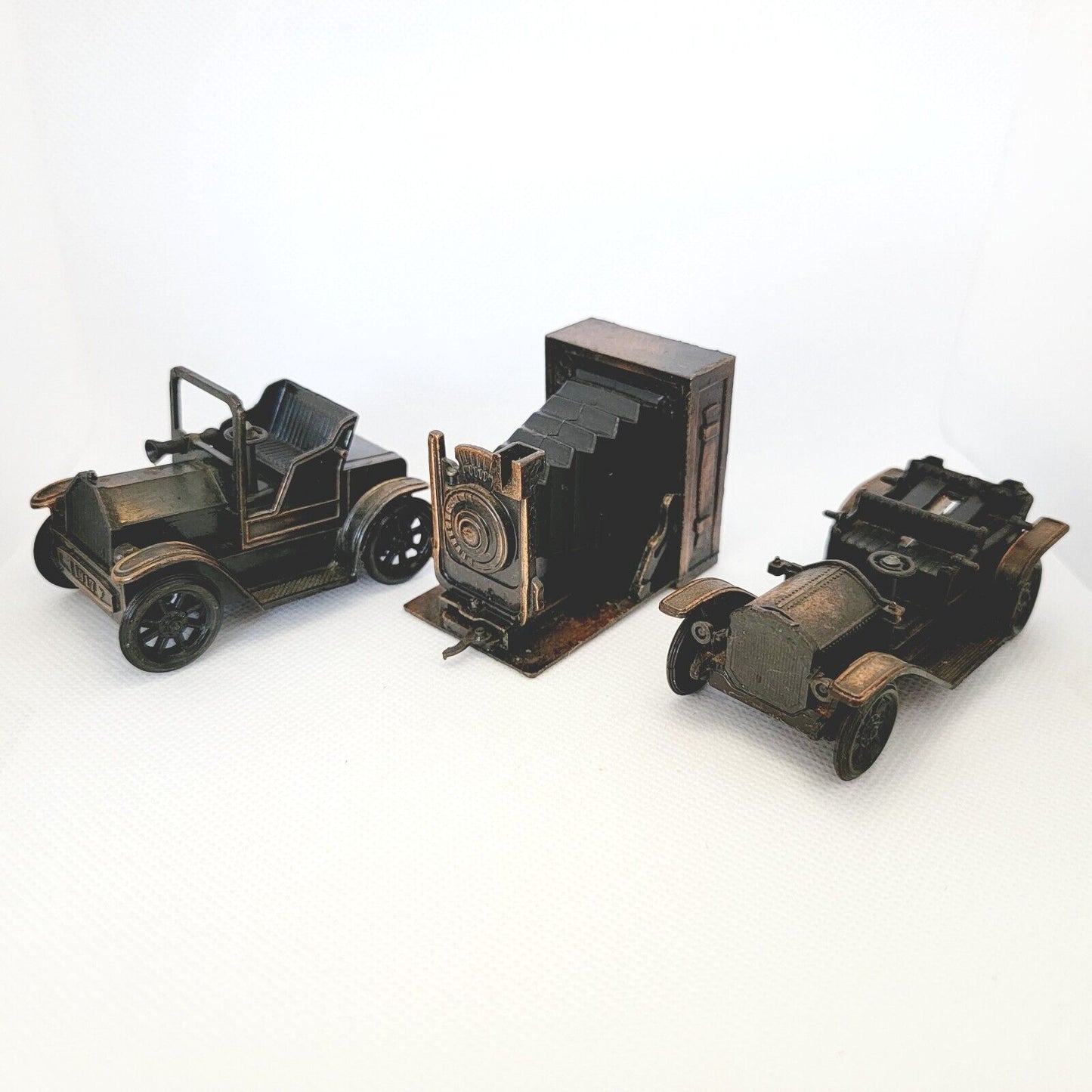 Antique Finished Die-Cast Miniature Pencil Sharpeners, Model T, Camera, Lot of 3