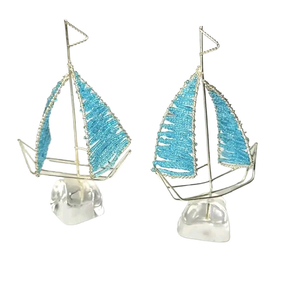 Sailboat Figurines Bead Work Sail Boat Sculptures, Coastal Decor Bead & Wire Art