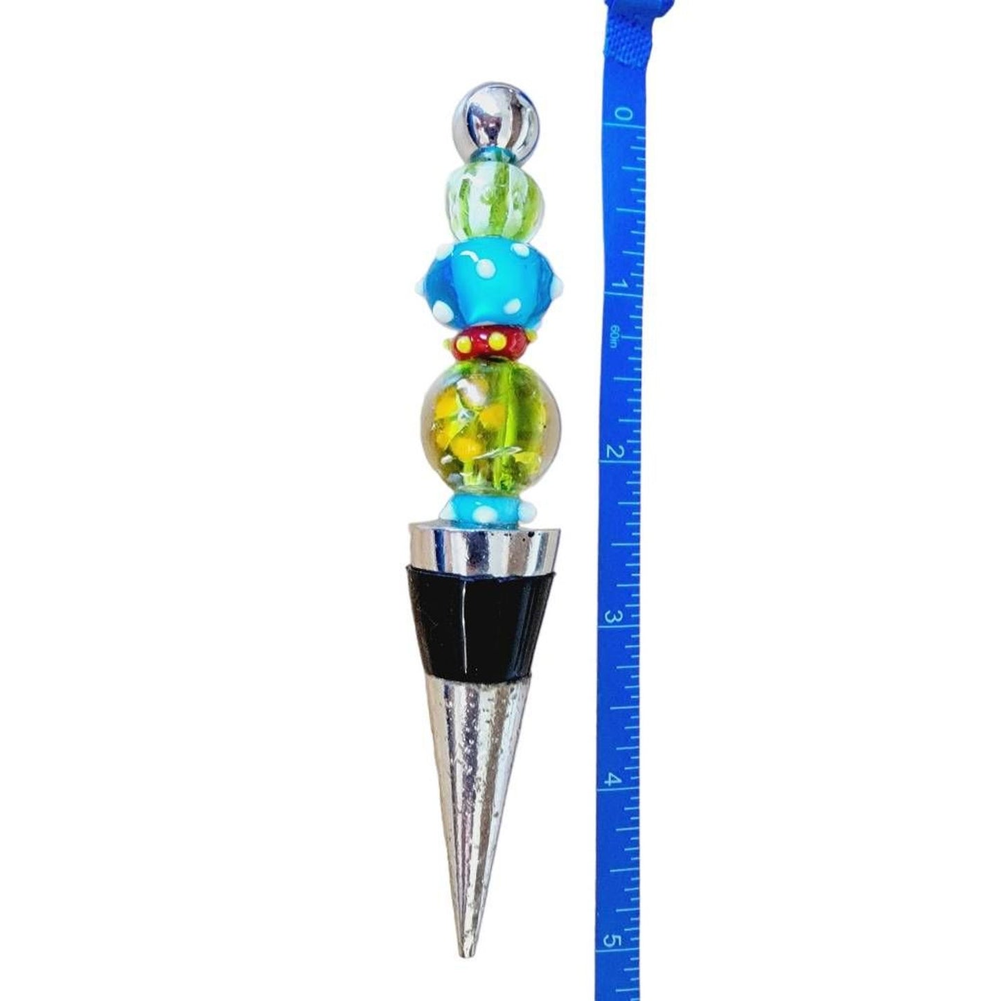 Bottle Stopper Blue Green Red Art Glass Bead Style Chrome Rubber BoHo Wine 5"