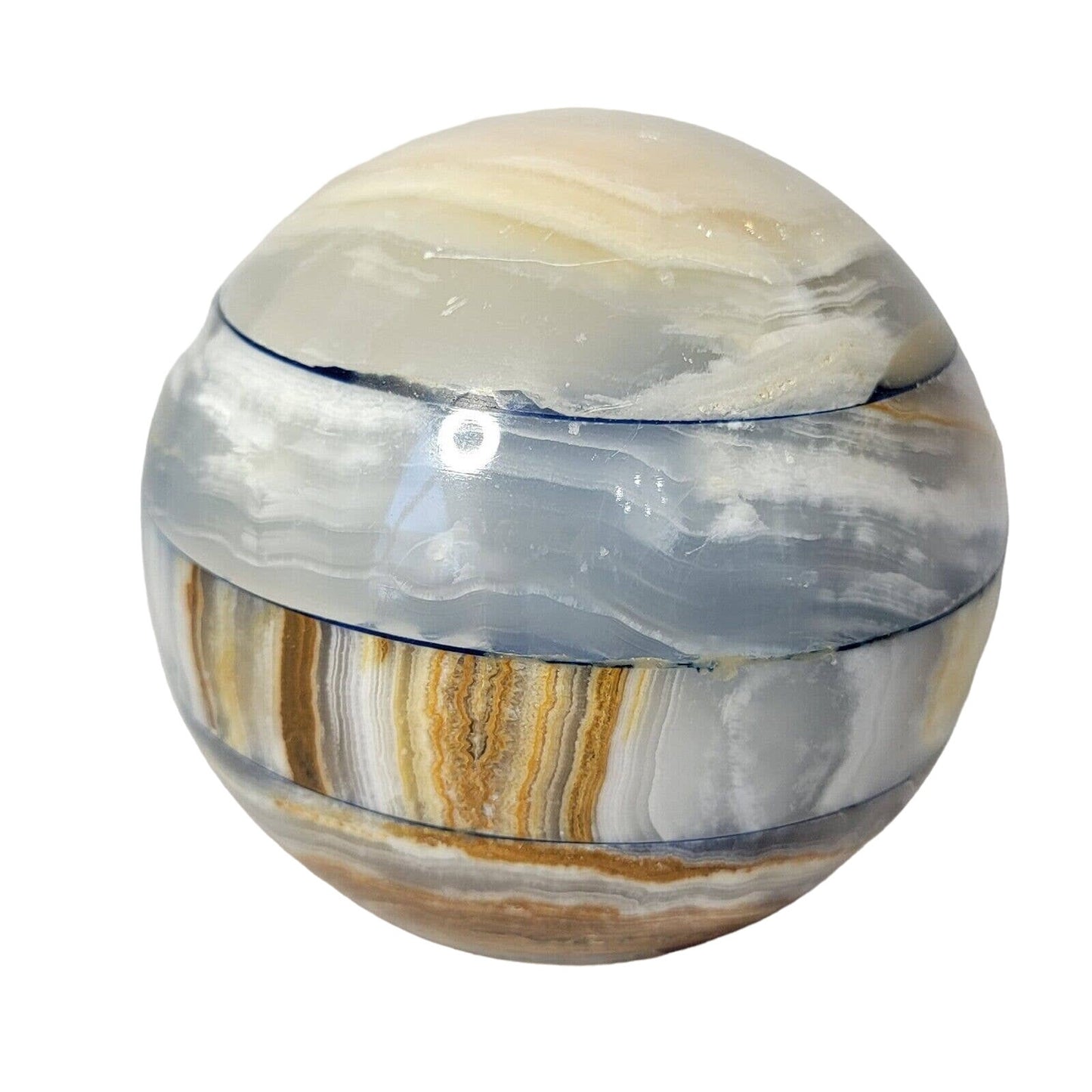 Stone Paperweight, Large Onyx Sphere, Banded Patchwork, Earth Tones, 4"