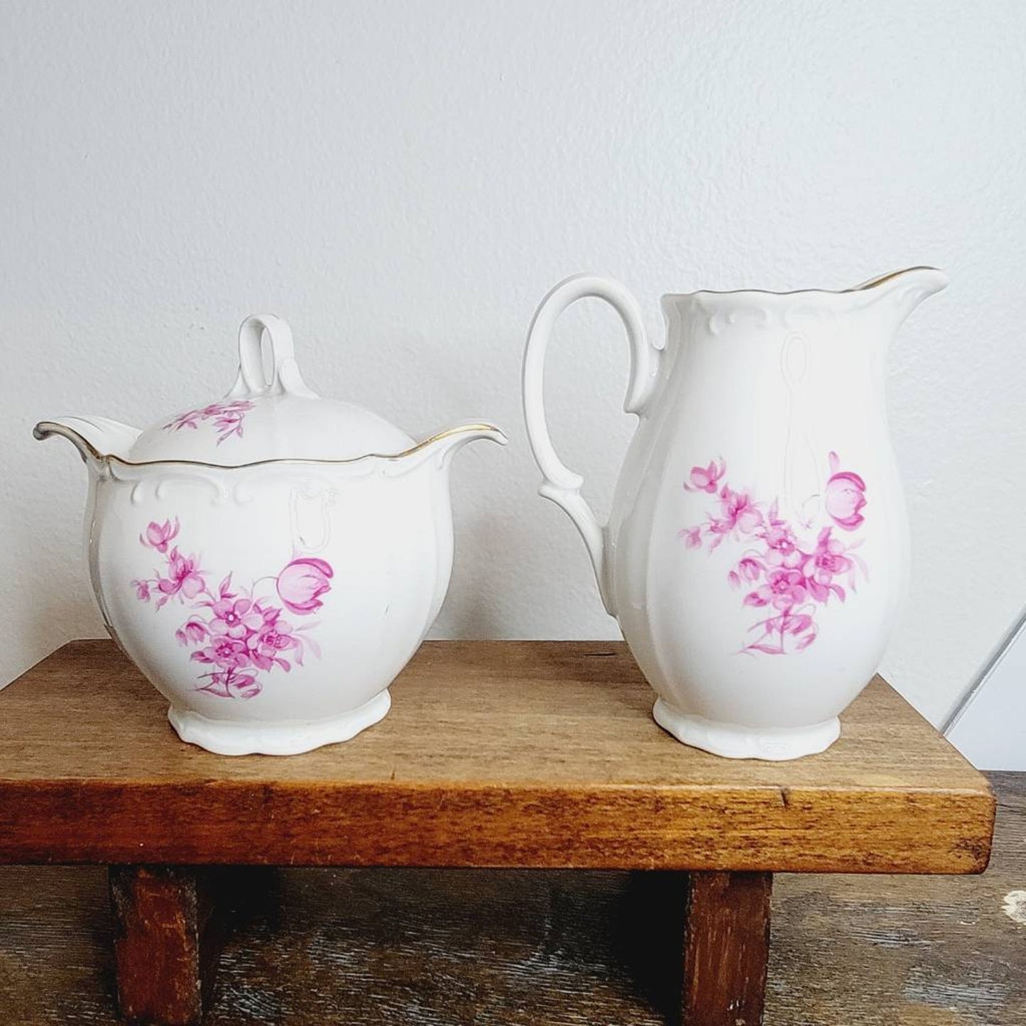 Antique Fine Bohemian China Creamer & Sugar Bowl Set White Pink Floral