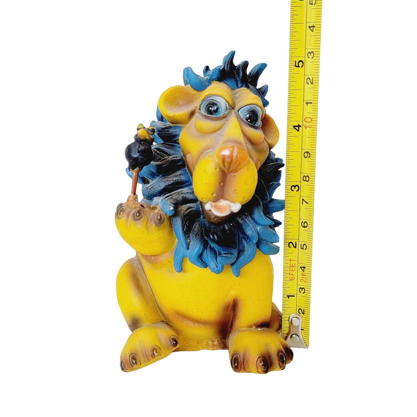 Vintage Lion and Crow Piggy Bank Figurine, Blue Mane Lion Holding Crow Coin Bank