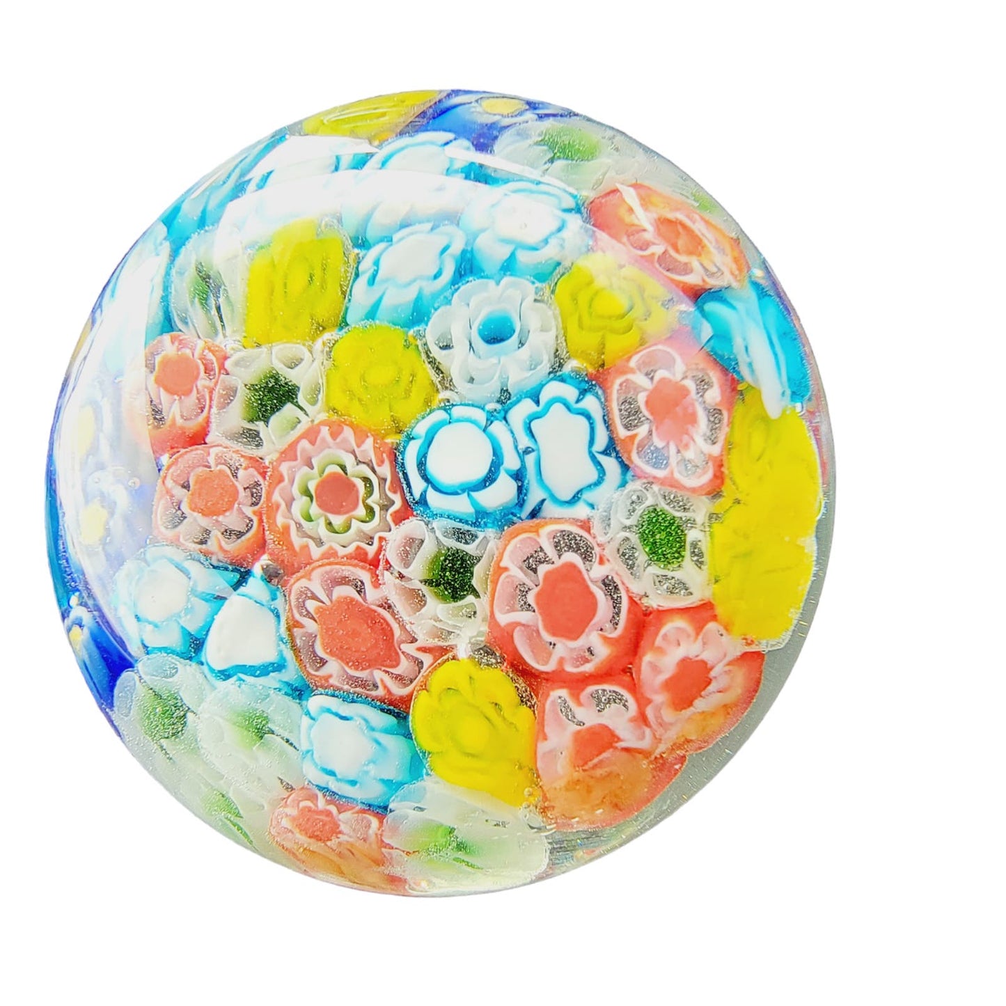 Hand-Blown Art Glass Paperweight, Multicolor Floral Millefiori Style Paperweight