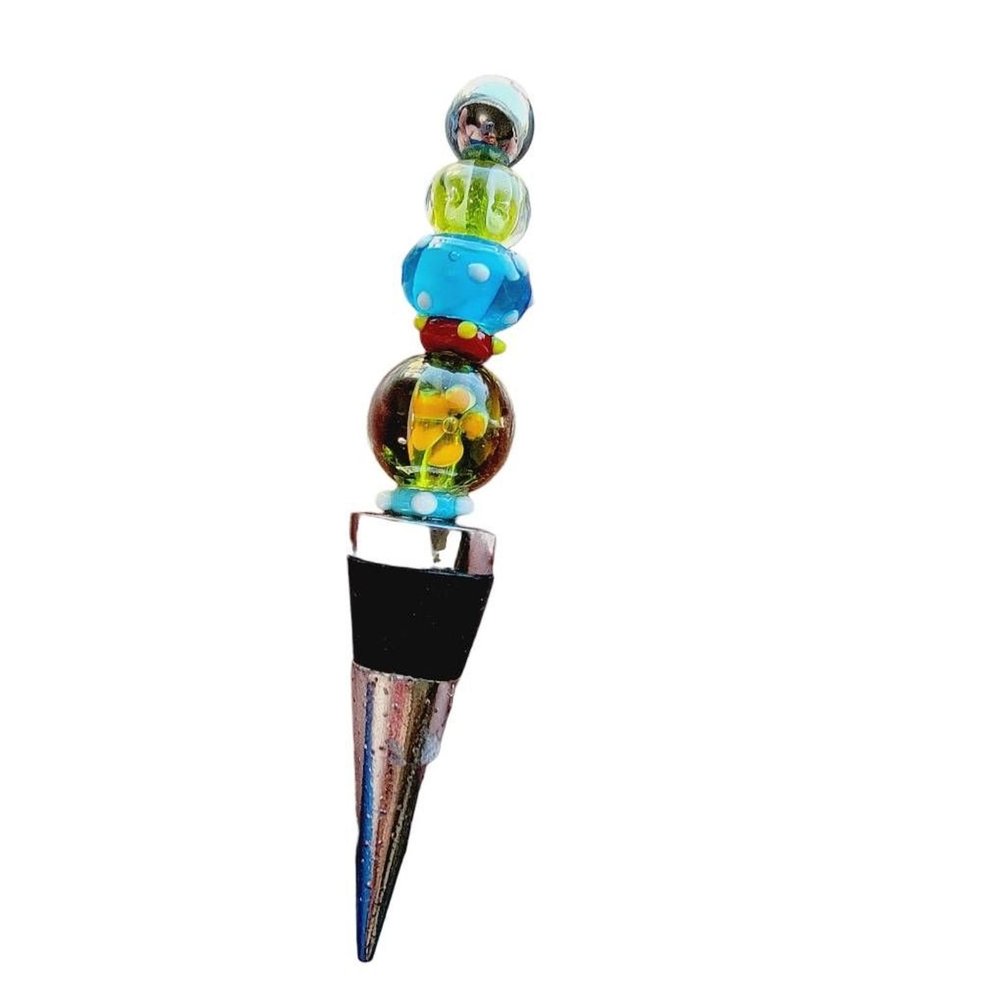 Bottle Stopper Blue Green Red Art Glass Bead Style Chrome Rubber BoHo Wine 5"