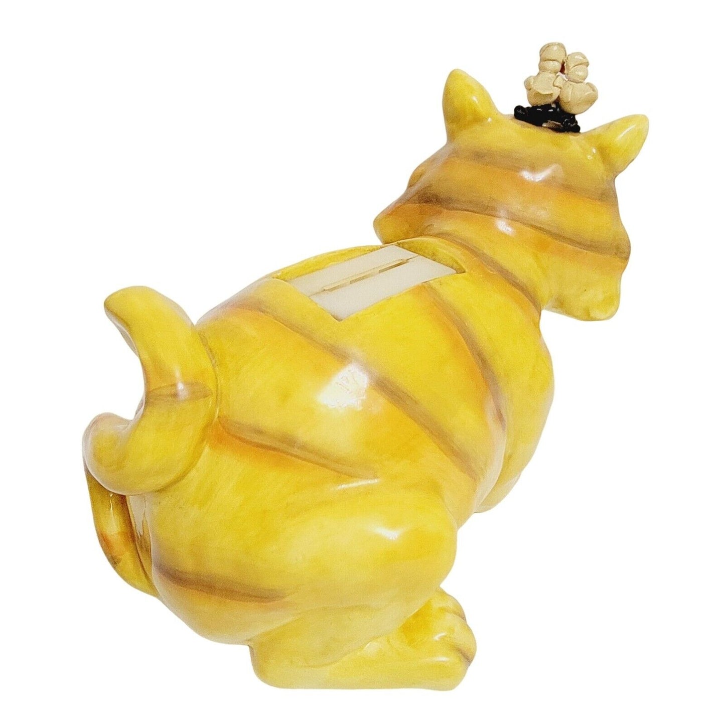 Douglas Cat Coin Bank Two Birds On Top Glazed Ceramic Signed Yellow FLAW: Read