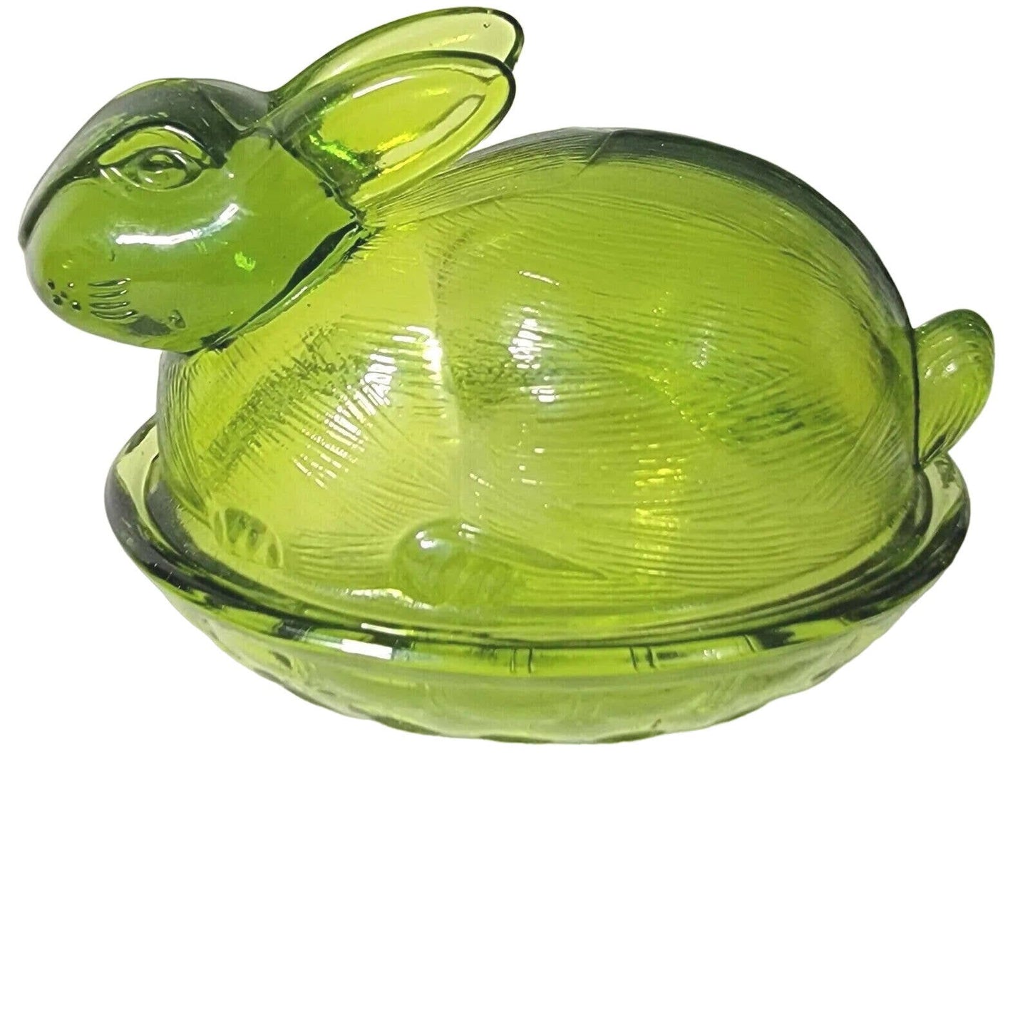 Set of 2 Vintage Green Glass Bunnies on Nest, Bunny on Nest, Easter Decor Spring