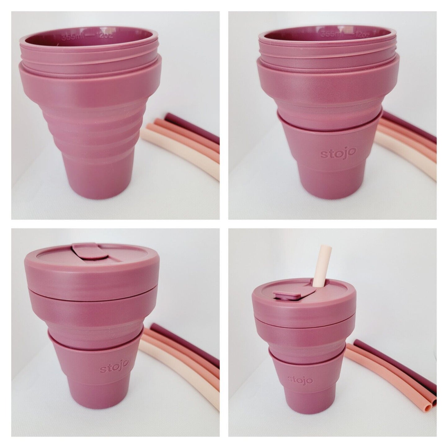 Collapsible Travel Cup Plum for Hot and Cold with 4 Reusable Straws