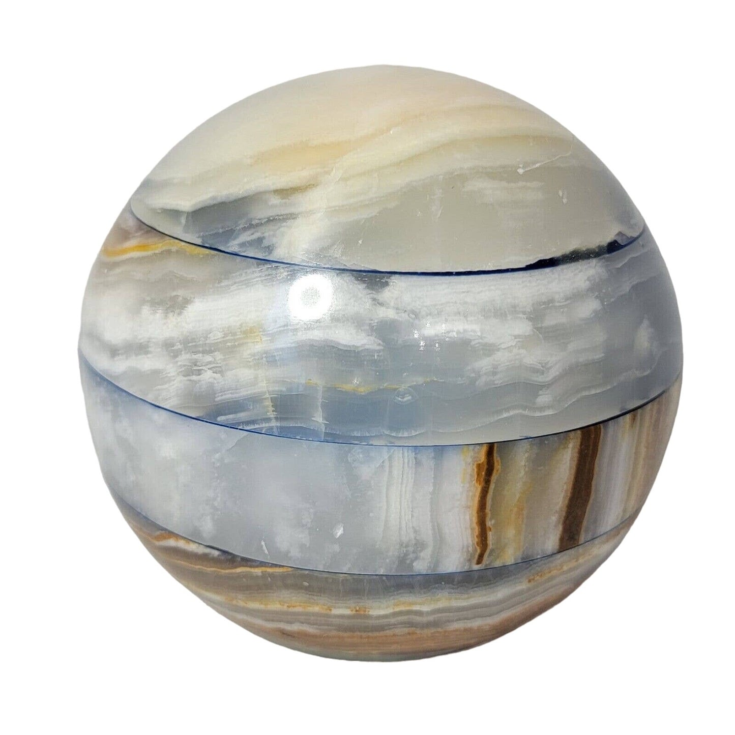 Stone Paperweight, Large Onyx Sphere, Banded Patchwork, Earth Tones, 4"