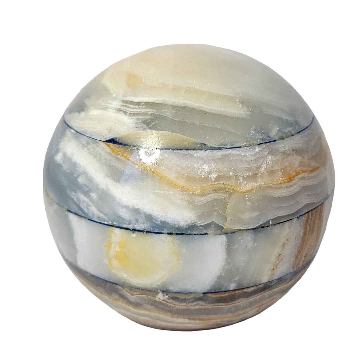 Stone Paperweight, Large Onyx Sphere, Banded Patchwork, Earth Tones, 4"