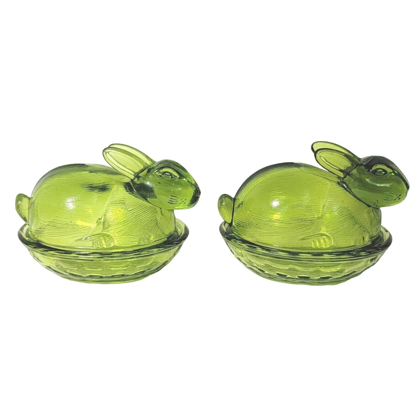 Set of 2 Vintage Green Glass Bunnies on Nest, Bunny on Nest, Easter Decor Spring