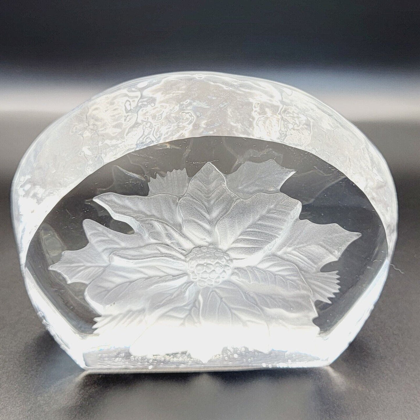 Vintage Christmas Holly Clear Glass Paperweight Frosted