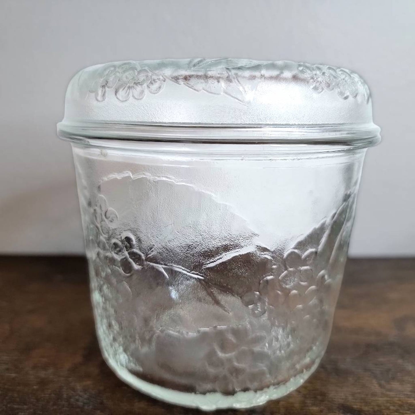 Embossed Small Clear Glass Storage Cannister Jar W/ Lid Floral Pattern 4 3/4"