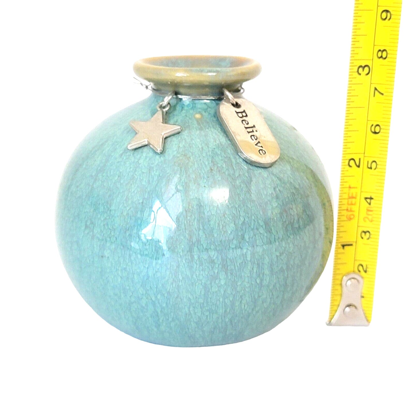 Blue Bud Vase Glossy Glaze Believe Charm 3" Tiny Vase, Gift for Girl, Coastal