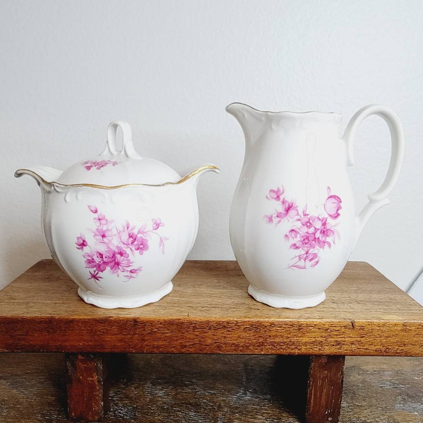 Antique Fine Bohemian China Creamer & Sugar Bowl Set White Pink Floral