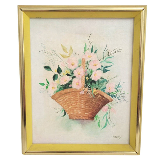 Vtg Signed R. Kelly Floral Oil Painting MCM Framed Canvas Art 11.5x9.5 AS IS