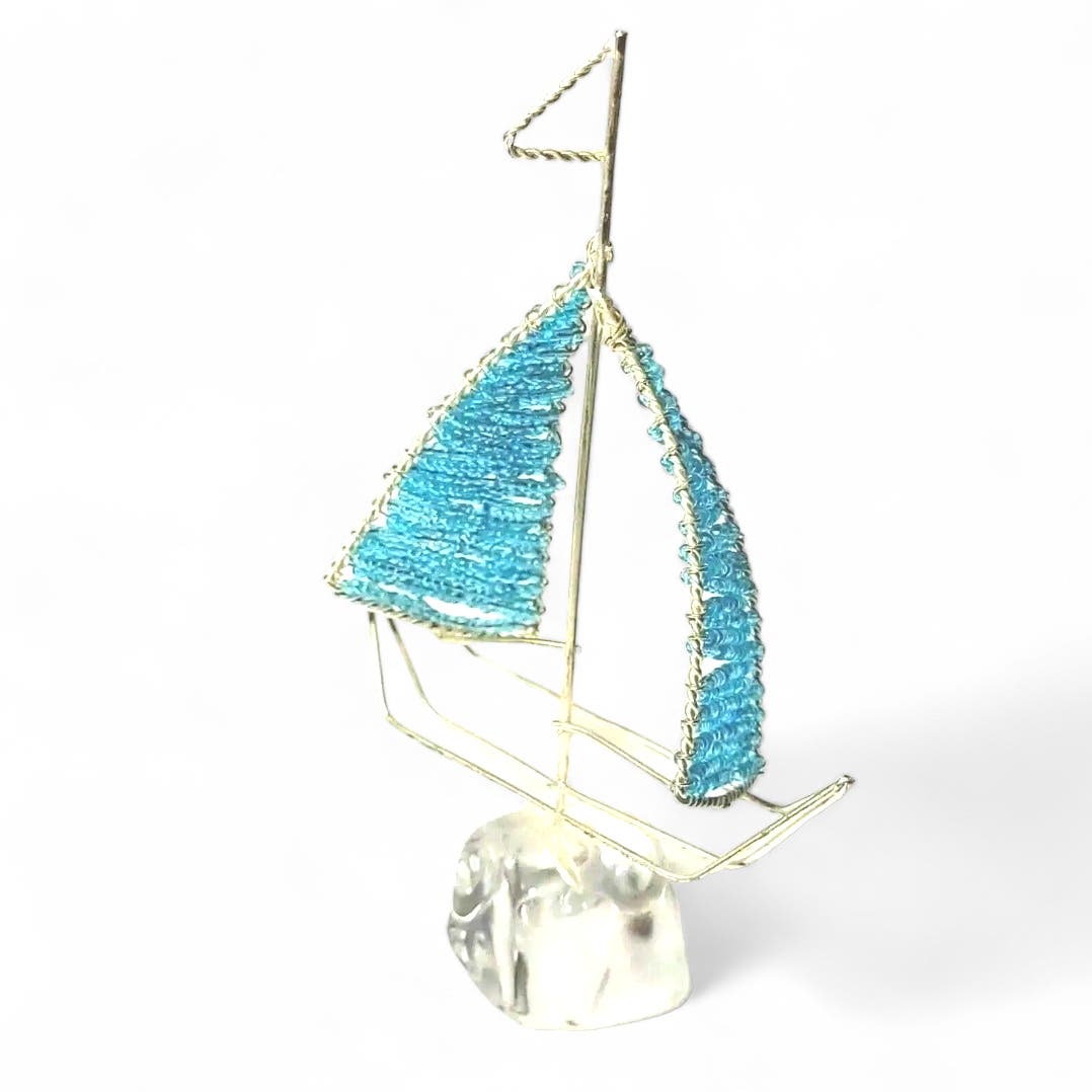 Sailboat Figurines Bead Work Sail Boat Sculptures, Coastal Decor Bead & Wire Art