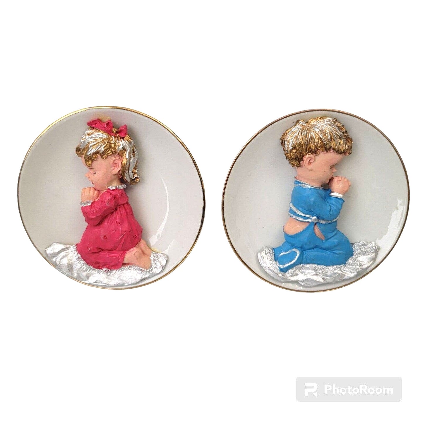 Vintage Miniature Plates Praying Baby Boy and Girl Porcelain Plates, 3D