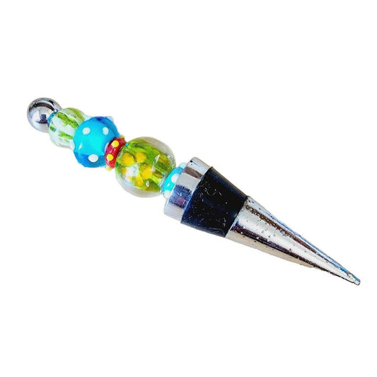 Bottle Stopper Blue Green Red Art Glass Bead Style Chrome Rubber BoHo Wine 5"