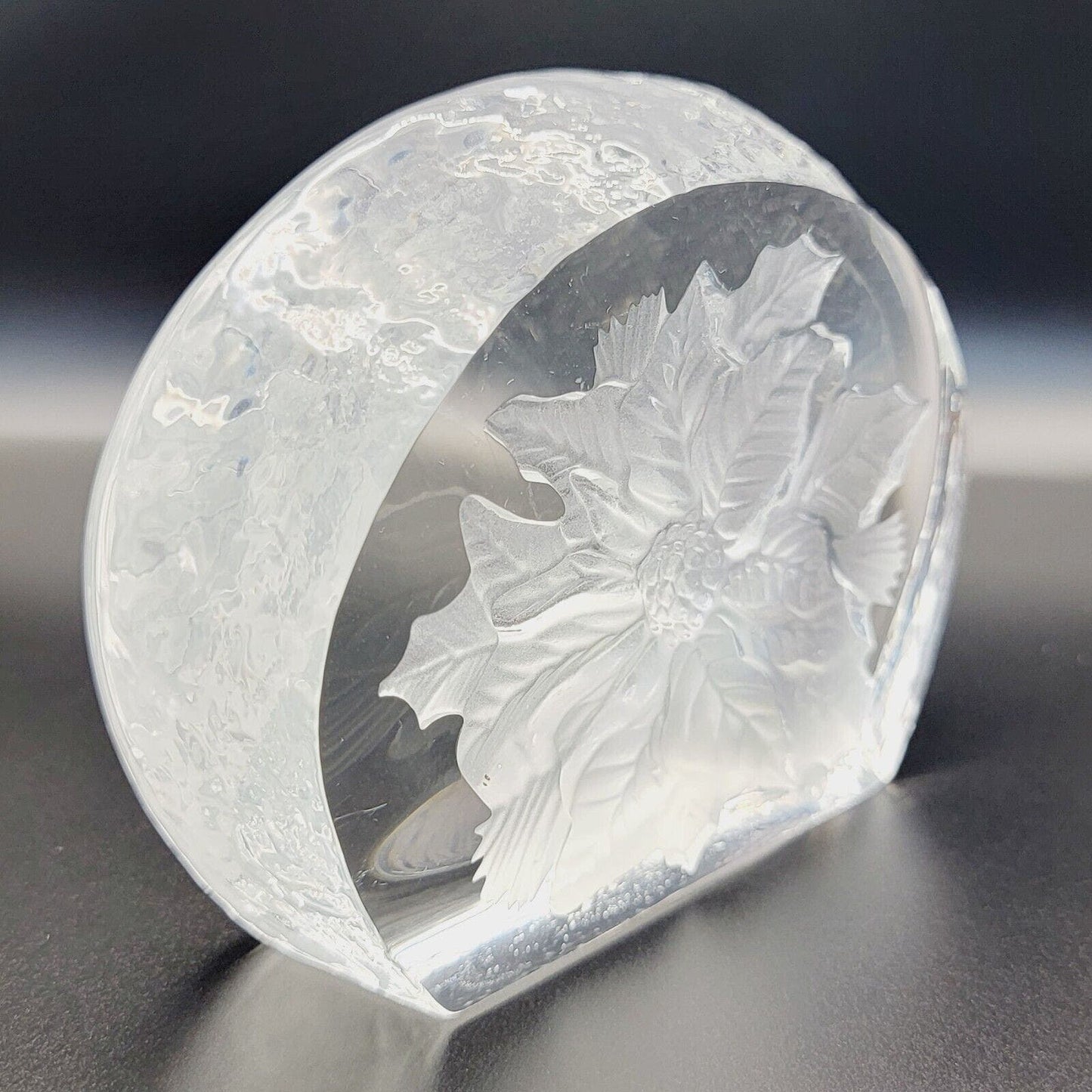 Vintage Christmas Holly Clear Glass Paperweight Frosted