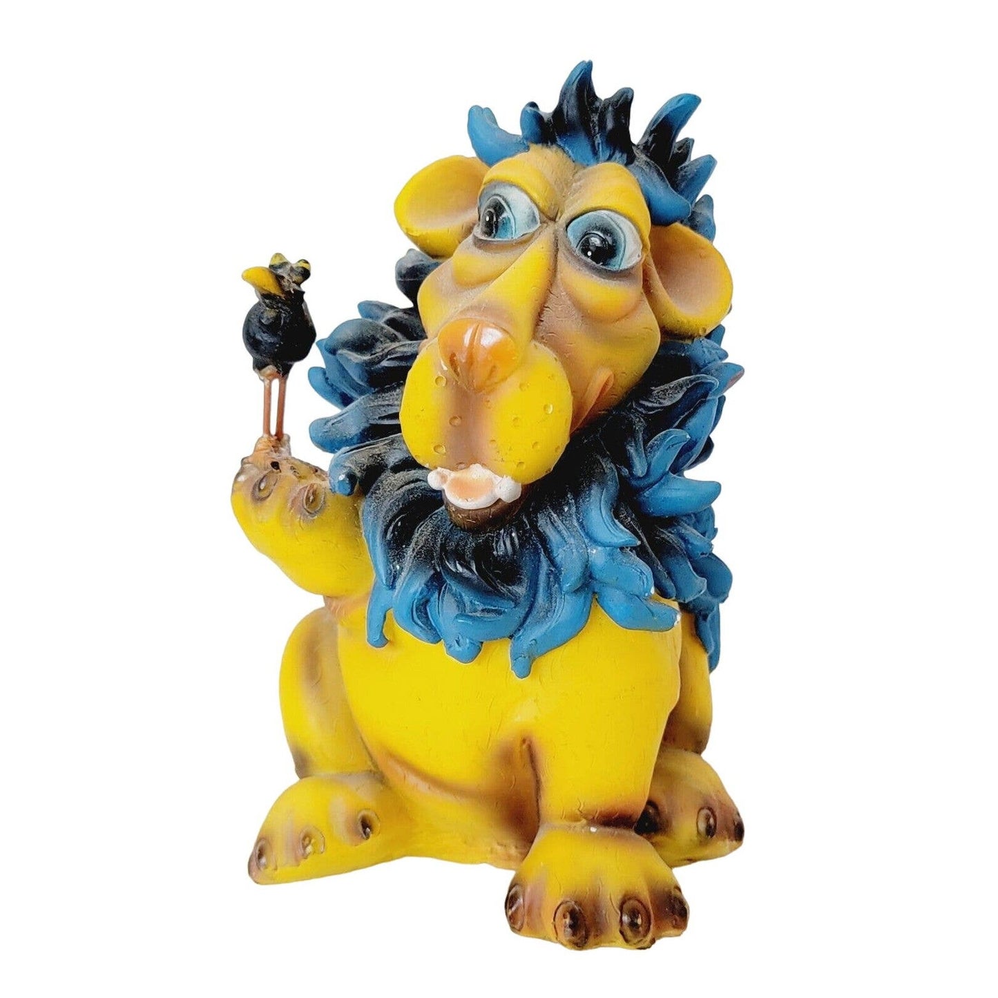 Vintage Lion and Crow Piggy Bank Blue Mane Retro Animal Figurine Coin Bank