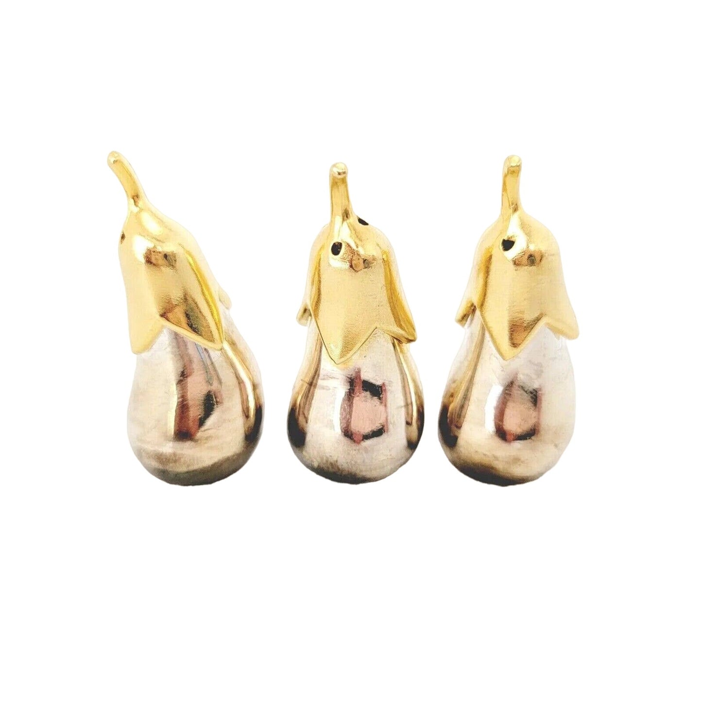 🍆 Eggplant Salt & Pepper Shakers 2" Silver and Gold Tone Set of 3 Joie De Vivre