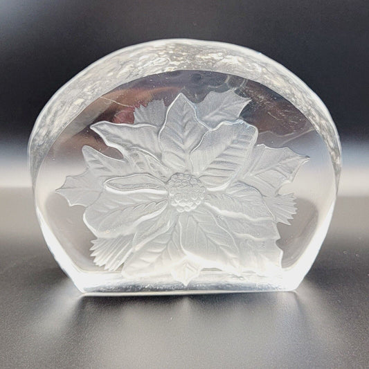 Vintage Christmas Holly Clear Glass Paperweight Frosted