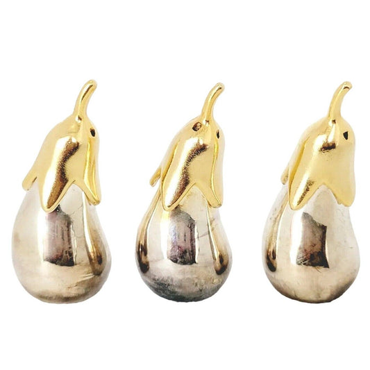 🍆 Eggplant Salt & Pepper Shakers 2" Silver and Gold Tone Set of 3 Joie De Vivre