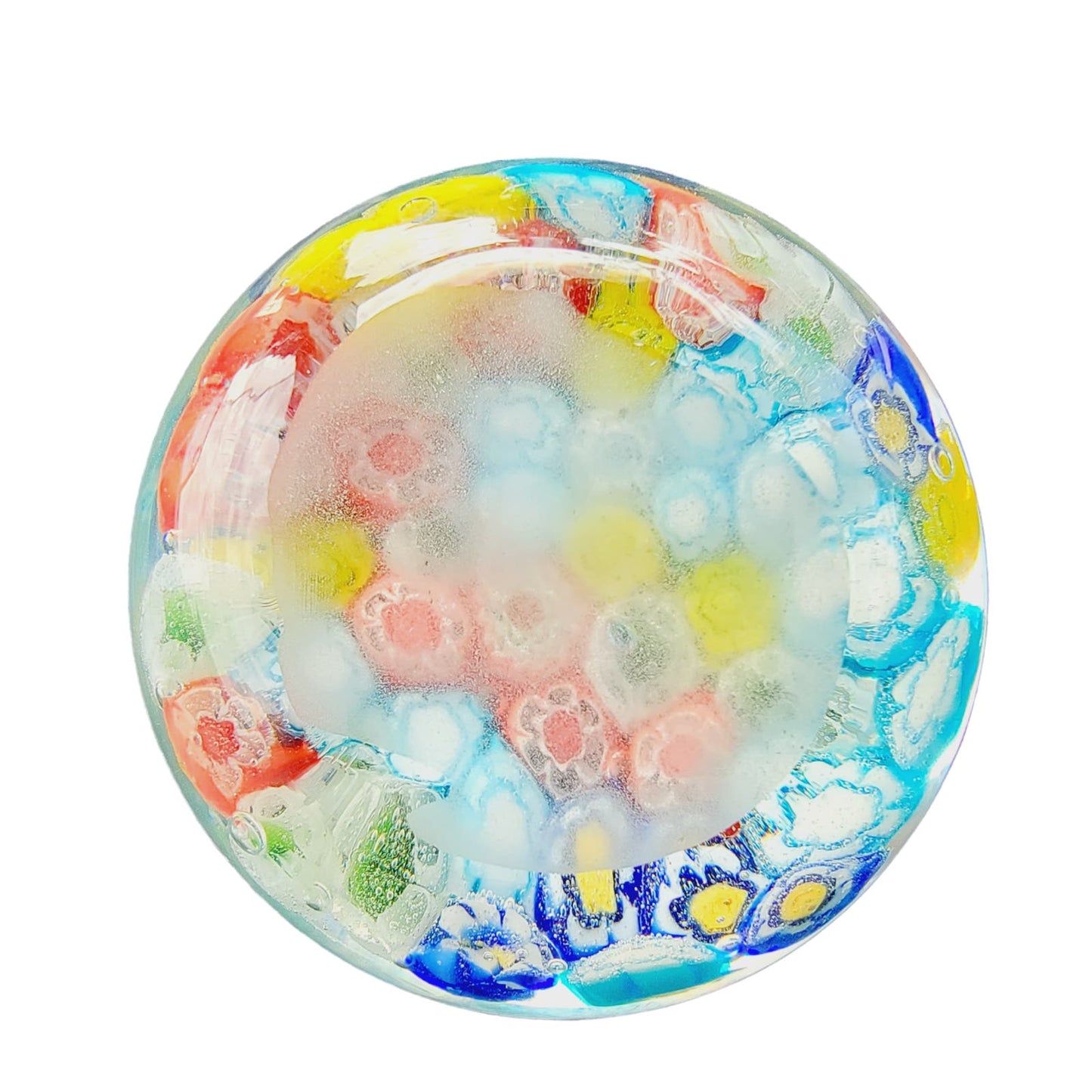 Hand-Blown Art Glass Paperweight, Multicolor Floral Millefiori Style Paperweight