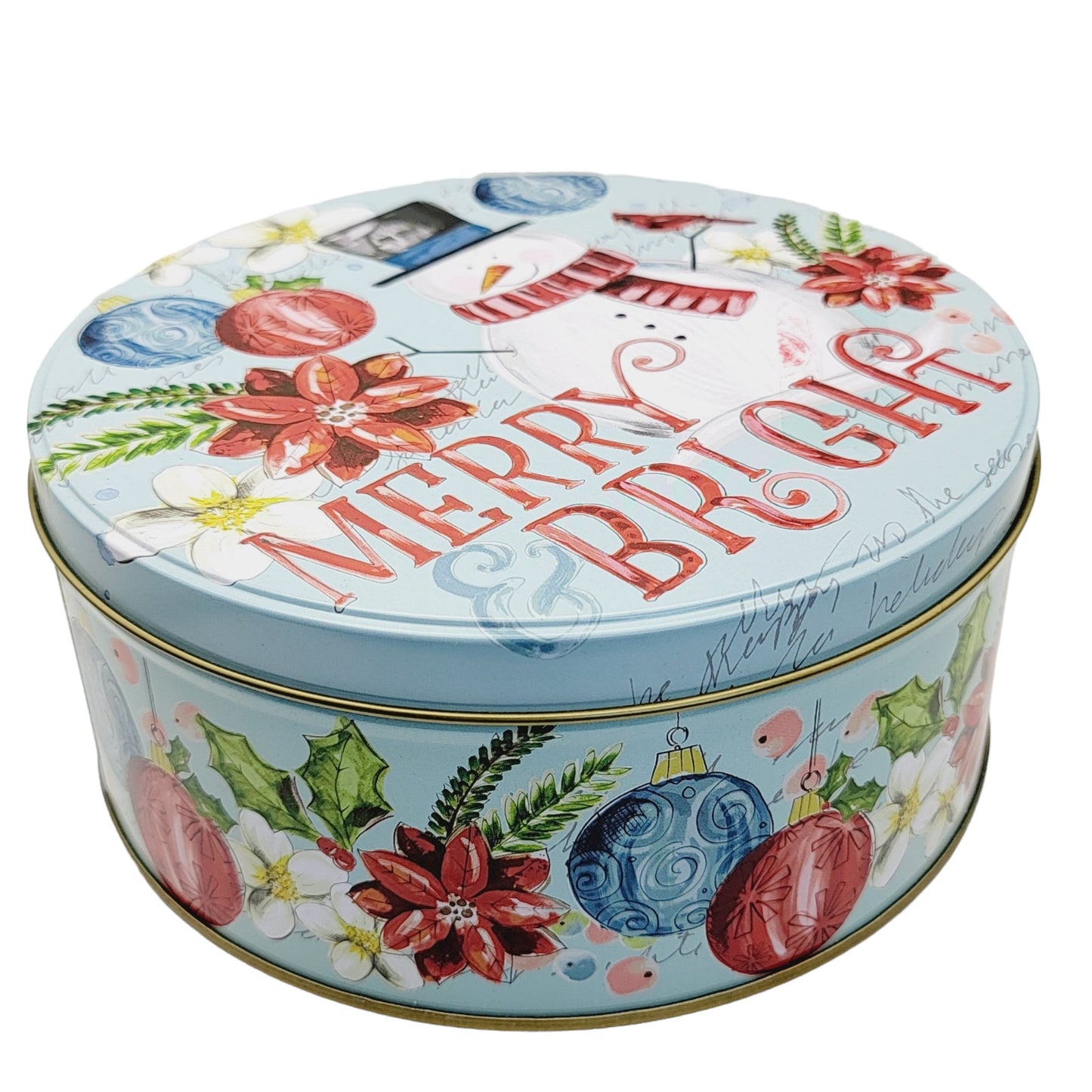 Holidays Merry Bright Christmas Collector's Snowman Round Tin Christmas Tin