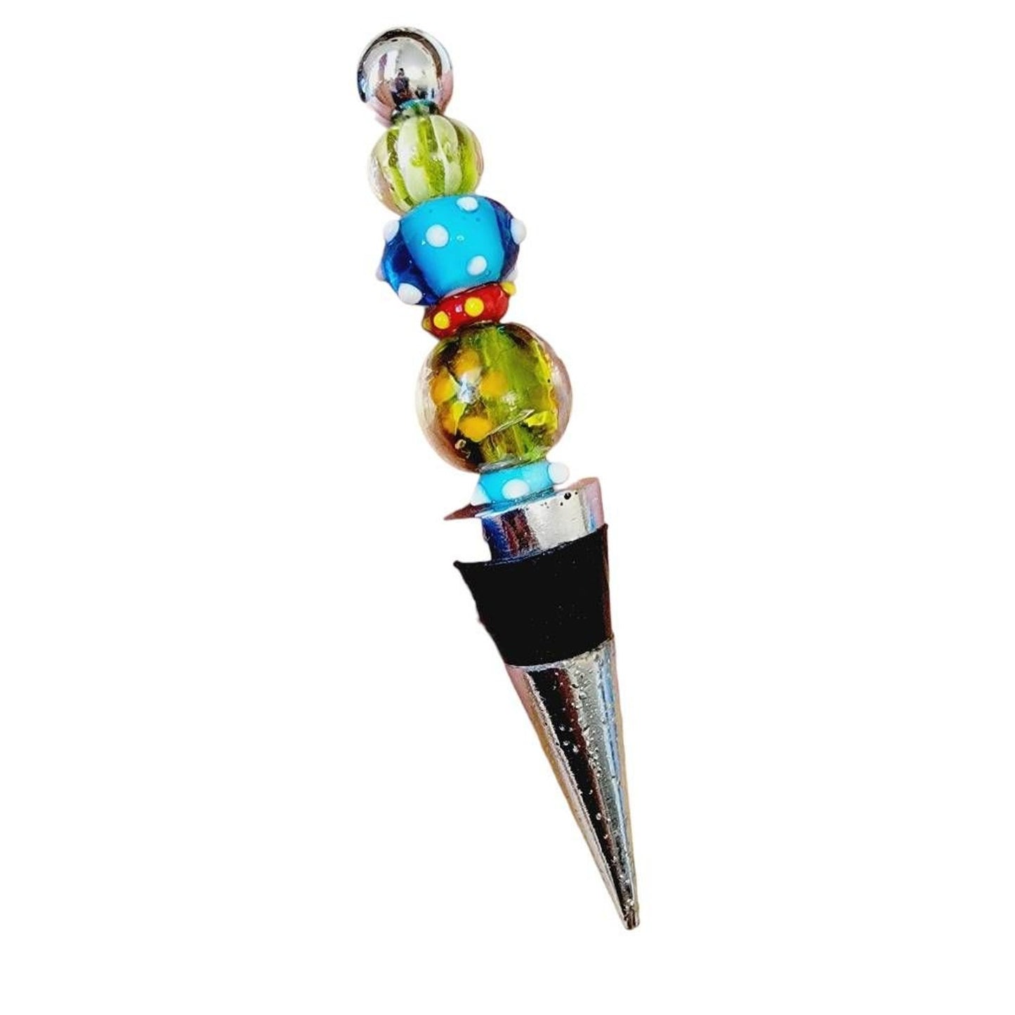 Bottle Stopper Blue Green Red Art Glass Bead Style Chrome Rubber BoHo Wine 5"