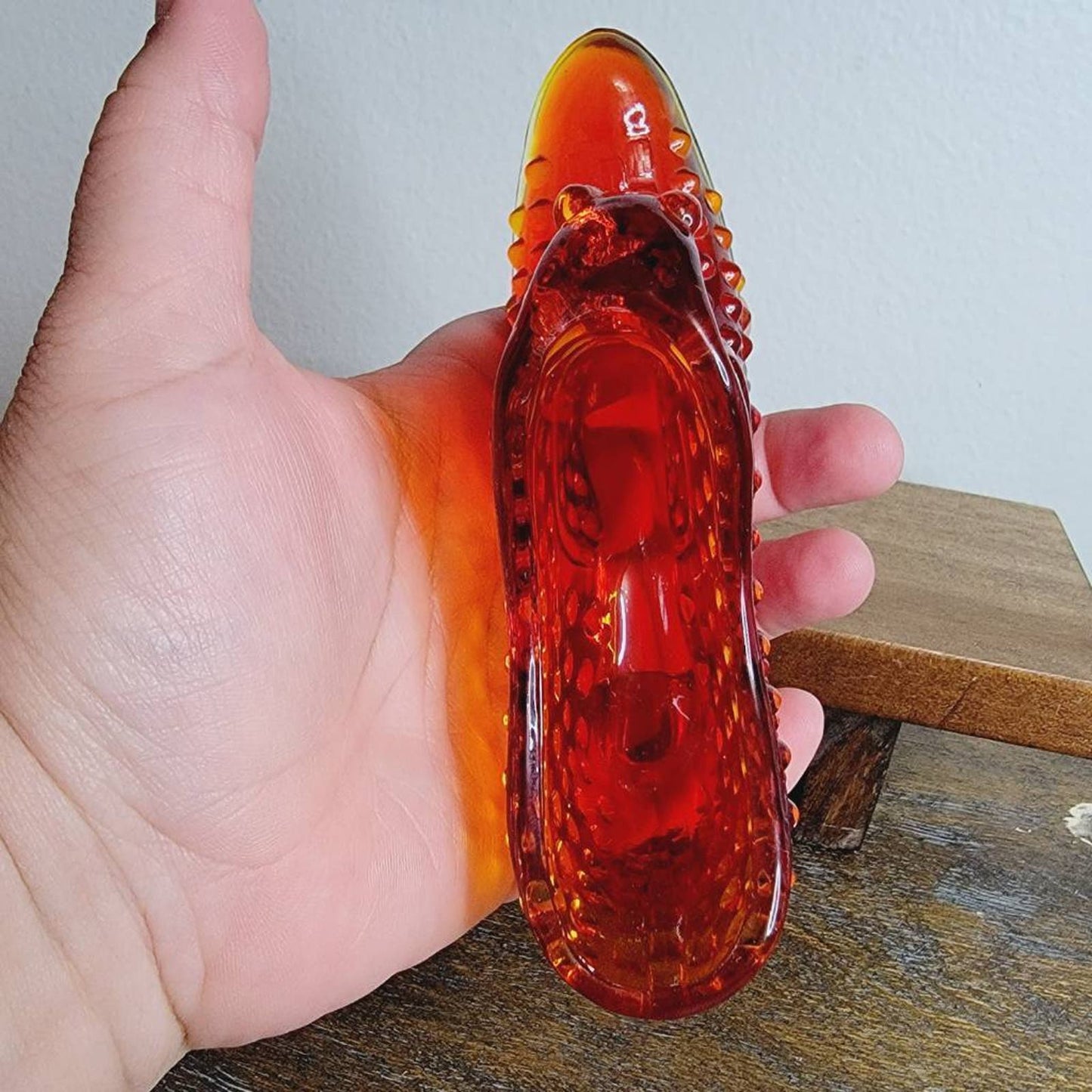 Vintage Fenton Hobnail Cat Head Slipper Figurine Amberina Art Glass Orange 5.5"