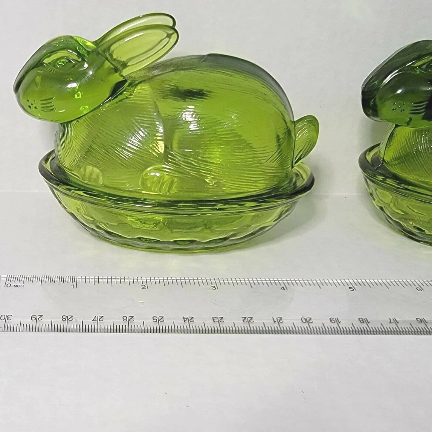 Set of 2 Vintage Green Glass Bunnies on Nest, Bunny on Nest, Easter Decor Spring