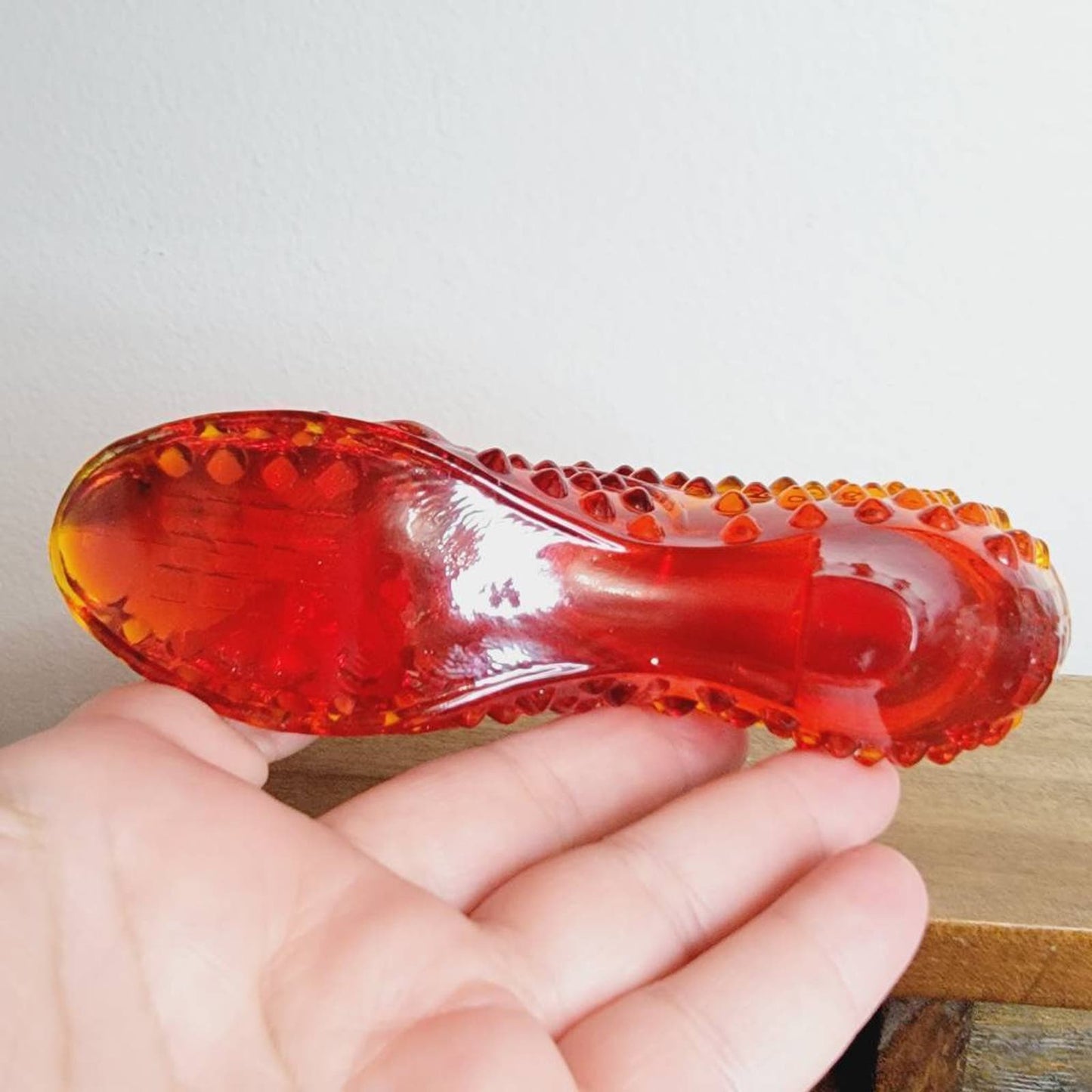 Vintage Fenton Hobnail Cat Head Slipper Figurine Amberina Art Glass Orange 5.5"