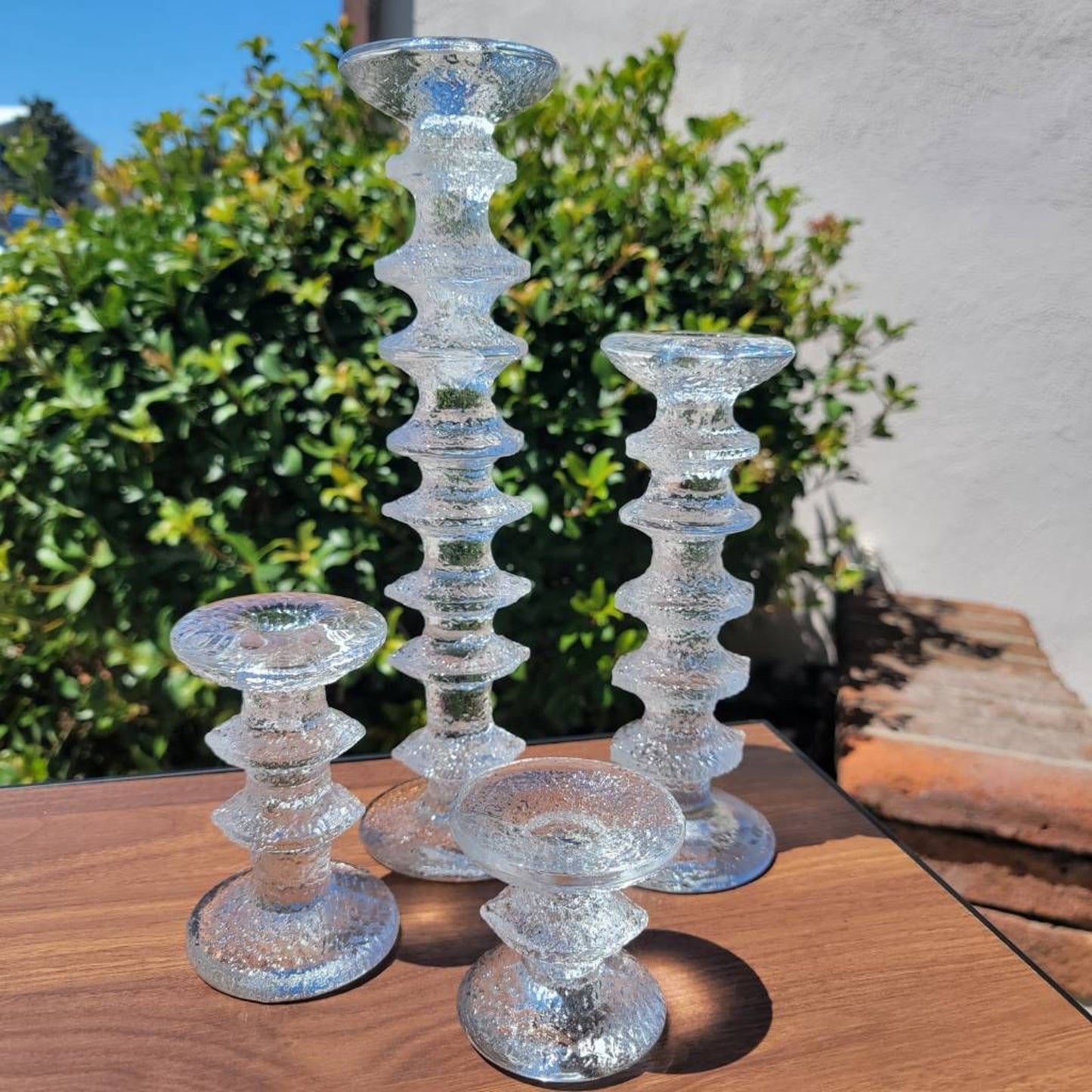 Iittala By Timo Sarpaneva Set Of 4 Candlestick Holders Ringed Pebble Art Glass Tiny Flaw