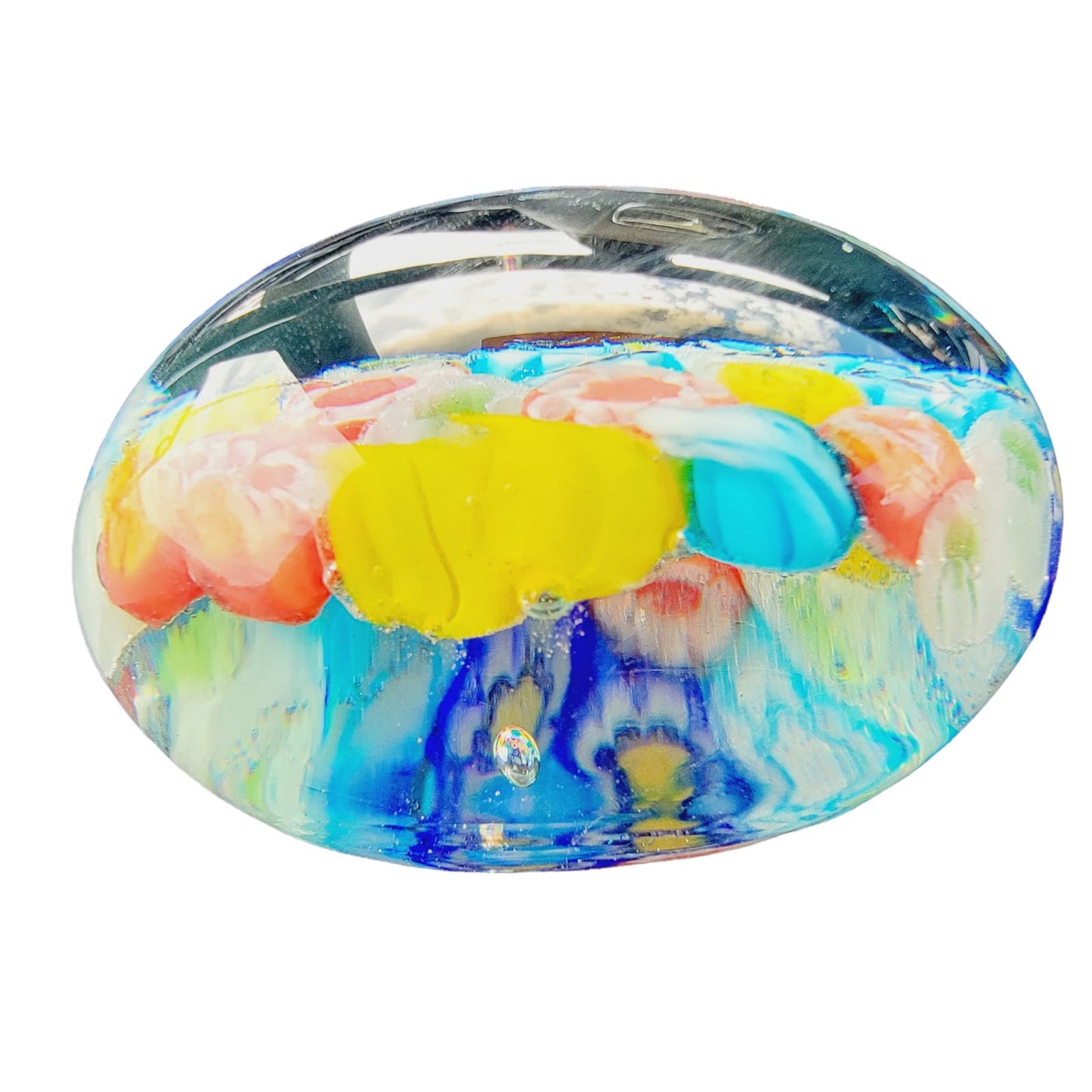 Hand-Blown Art Glass Paperweight, Multicolor Floral Millefiori Style Paperweight