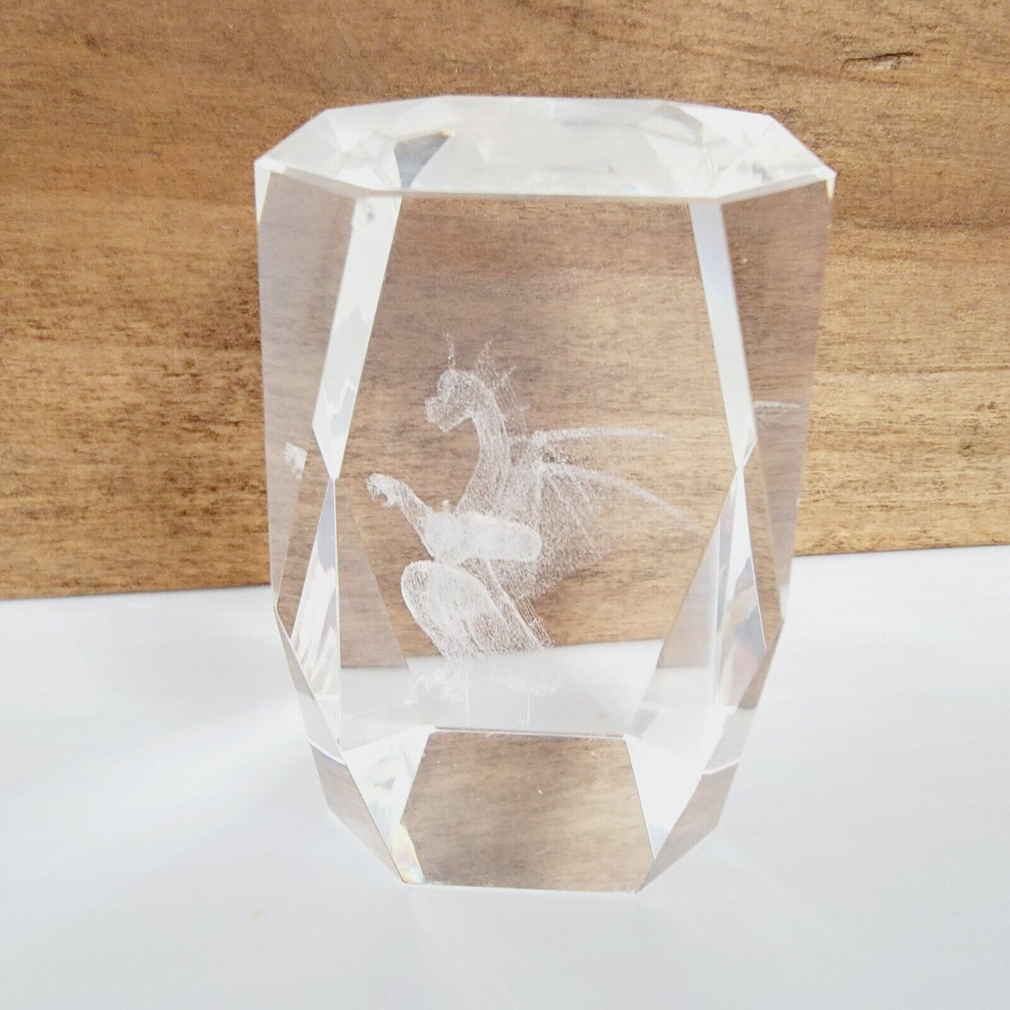 3D Laser Etched Dragon Glass Cube Paperweight See All Photos 3” Tall, AS IS